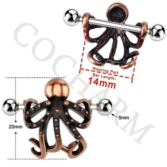 14G 316L Rose Gold Octopus Nipple Rings - Set of 2 - Picture 2 of 4